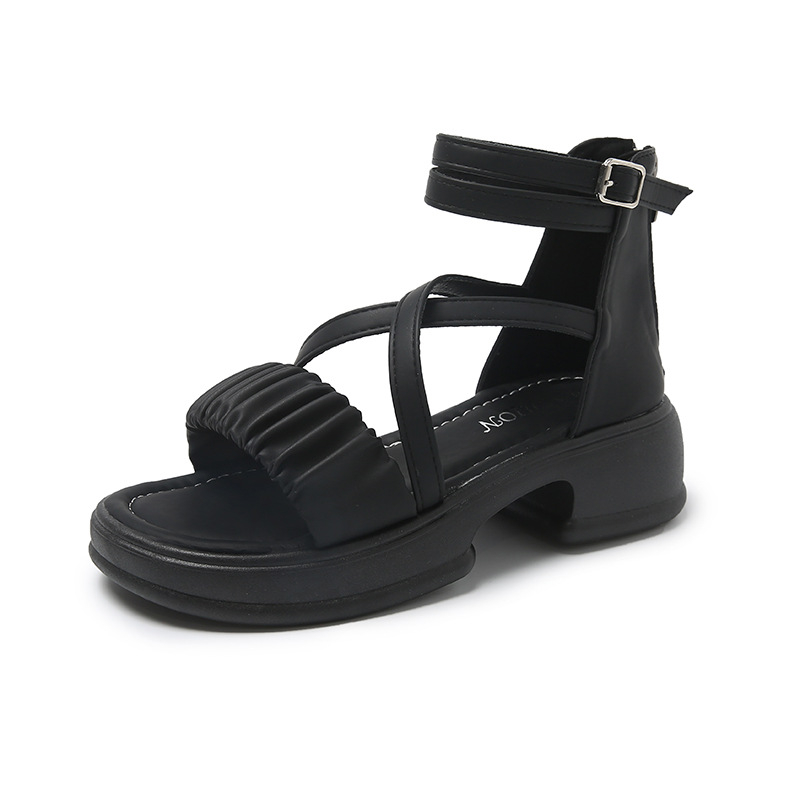 Nyitott orrú, középtávú női szandál hátul cipzárral és egy sor csattal (felső PU • nyílt orr • 3-6 cm sarok • patkó alakú sarok)