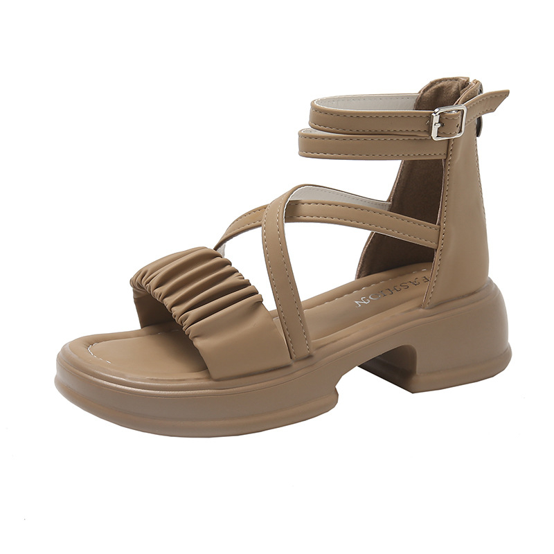 Nyitott orrú, középtávú női szandál hátul cipzárral és egy sor csattal (felső PU • nyílt orr • 3-6 cm sarok • patkó alakú sarok)