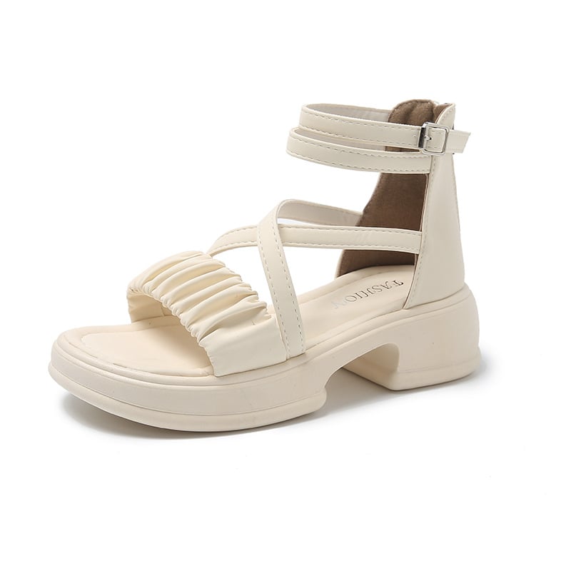 Nyitott orrú, középtávú női szandál hátul cipzárral és egy sor csattal (felső PU • nyílt orr • 3-6 cm sarok • patkó alakú sarok)