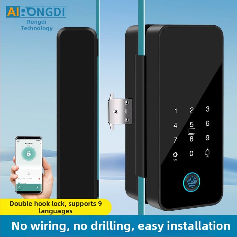 Intelligens üvegajtó zár Tuya alkalmazás vezérléssel, ujjlenyomat és jelszó hitelesítéssel, irodai ajtókhoz – keretessel vagy keret nélkül, egy- vagy kétszárnyú ajtókhoz