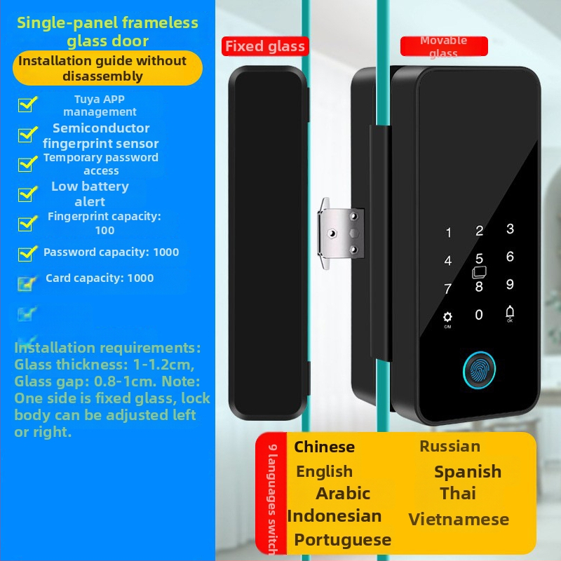 Intelligens üvegajtó zár Tuya alkalmazás vezérléssel, ujjlenyomat és jelszó hitelesítéssel, irodai ajtókhoz – keretessel vagy keret nélkül, egy- vagy kétszárnyú ajtókhoz