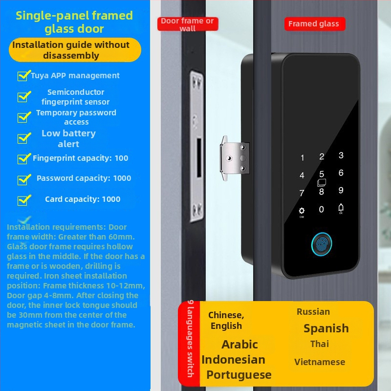 Intelligens üvegajtó zár Tuya alkalmazás vezérléssel, ujjlenyomat és jelszó hitelesítéssel, irodai ajtókhoz – keretessel vagy keret nélkül, egy- vagy kétszárnyú ajtókhoz