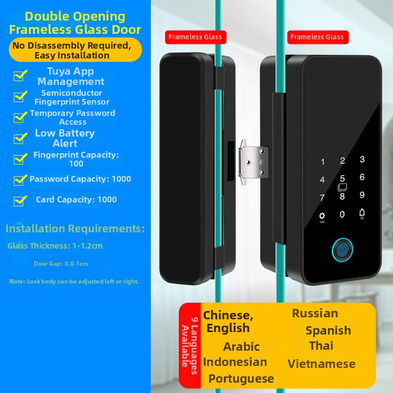 Intelligens üvegajtó zár Tuya alkalmazás vezérléssel, ujjlenyomat és jelszó hitelesítéssel, irodai ajtókhoz – keretessel vagy keret nélkül, egy- vagy kétszárnyú ajtókhoz