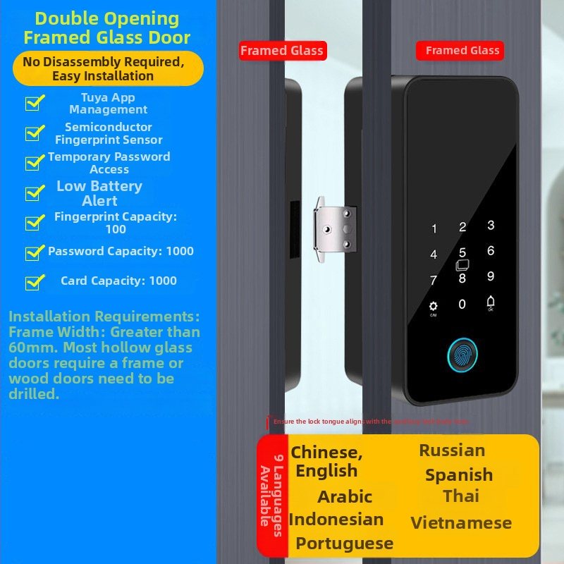 Intelligens üvegajtó zár Tuya alkalmazás vezérléssel, ujjlenyomat és jelszó hitelesítéssel, irodai ajtókhoz – keretessel vagy keret nélkül, egy- vagy kétszárnyú ajtókhoz