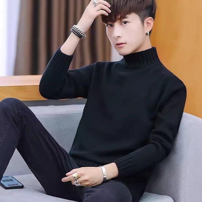 Ανδρικό πουλόβερ με ημιψηλό γιακά, φλις επένδυση, ζακάρ πλέξιμο, χαλαρή γραμμή, μακριά μανίκια