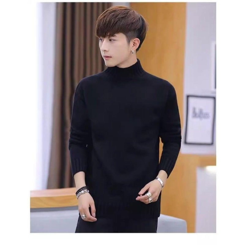 Ανδρικό πουλόβερ με ημιψηλό γιακά, φλις επένδυση, ζακάρ πλέξιμο, χαλαρή γραμμή, μακριά μανίκια