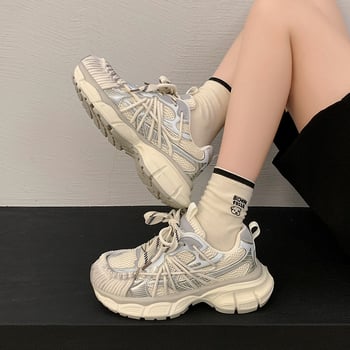 Dámske tenisky: ľahké, priedušné mikrovlákno vrchná časť, farebný blok vzor, retro hrubá podrážka, nízky členok, šnúrkové zapínanie