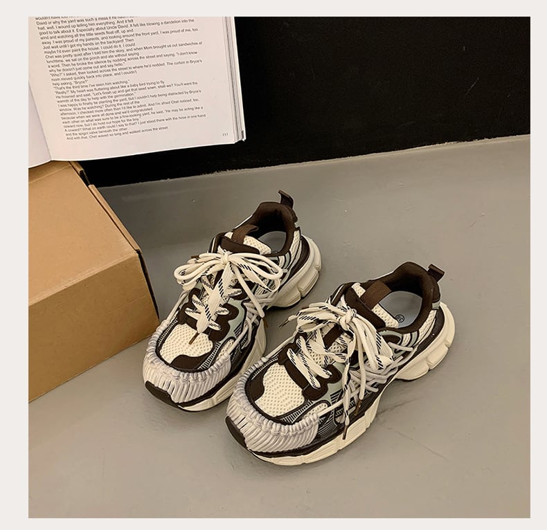 Dámske tenisky: ľahké, priedušné mikrovlákno vrchná časť, farebný blok vzor, retro hrubá podrážka, nízky členok, šnúrkové zapínanie