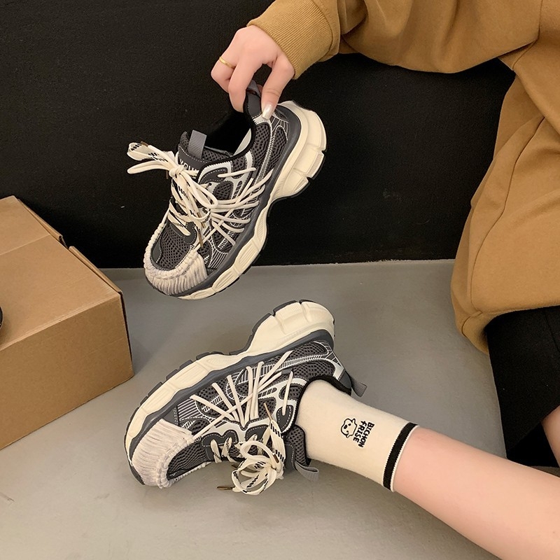 Dámske tenisky: ľahké, priedušné mikrovlákno vrchná časť, farebný blok vzor, retro hrubá podrážka, nízky členok, šnúrkové zapínanie