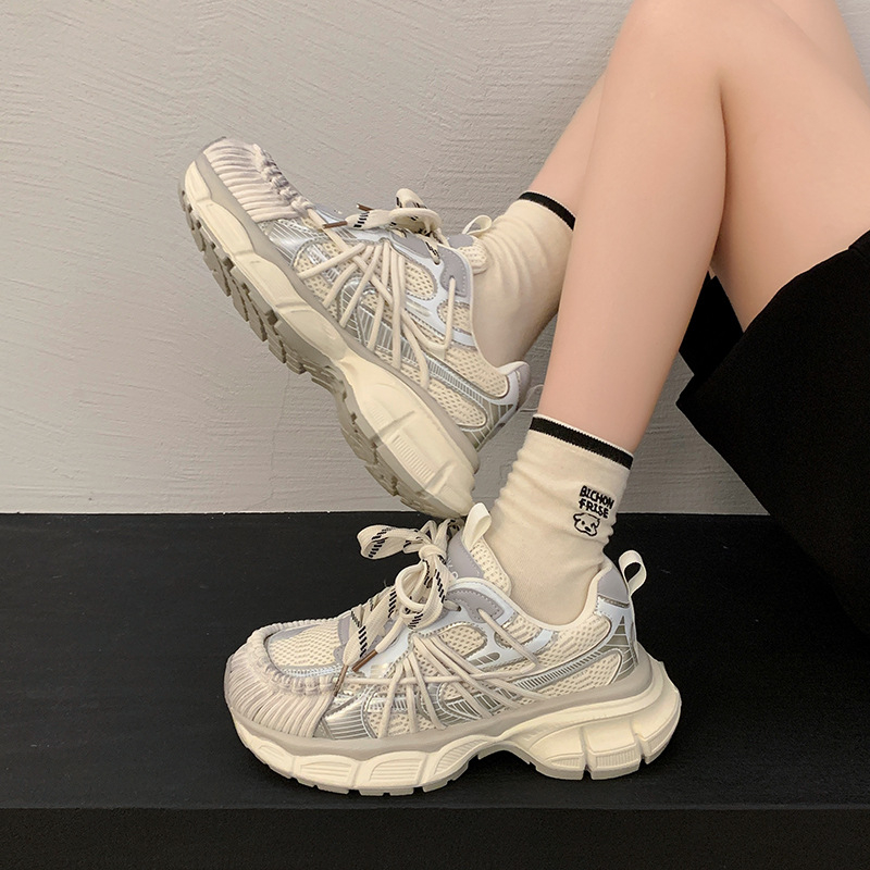 Dámske tenisky: ľahké, priedušné mikrovlákno vrchná časť, farebný blok vzor, retro hrubá podrážka, nízky členok, šnúrkové zapínanie