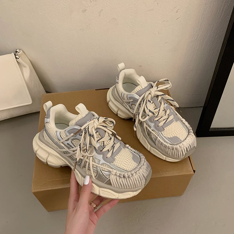 Dámske tenisky: ľahké, priedušné mikrovlákno vrchná časť, farebný blok vzor, retro hrubá podrážka, nízky členok, šnúrkové zapínanie