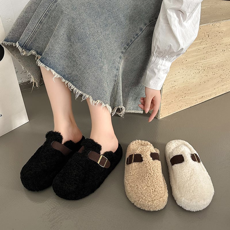 Ženske zimske papuče s umjetnom vunom, gornji dio od velura, gumasti potplat, udoban slip-on model (Jesen 2024)