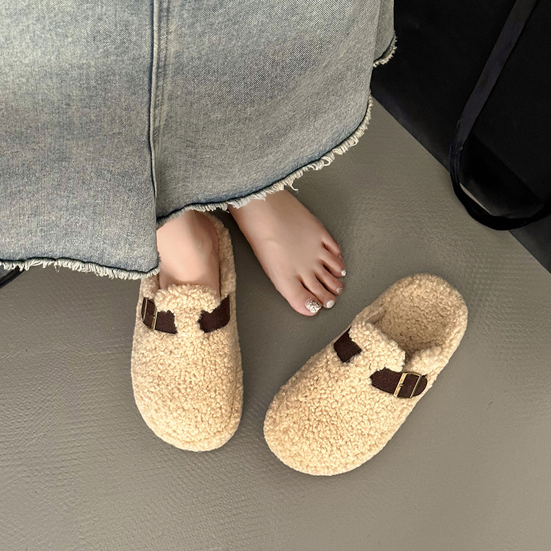 Ženske zimske papuče s umjetnom vunom, gornji dio od velura, gumasti potplat, udoban slip-on model (Jesen 2024)