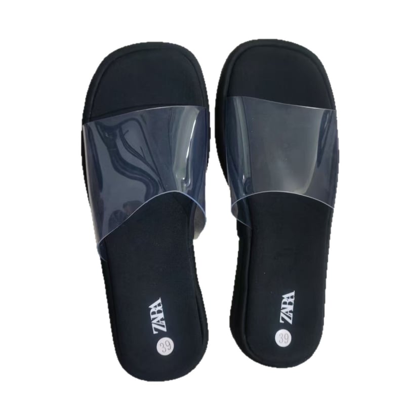 Ženske plažne papuče, s debelom sole, proziran PVC gornjim dijelom, kvadratni vrh, PU podstava, gumeni đon