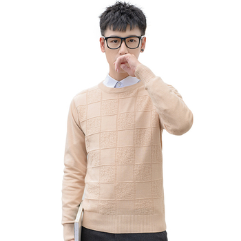 Ανδρικός λεπτός πλεκτός πουλόβερ με στρογγυλή λαιμόκοψη, ζακάρντ καρώ μοτίβο, στενή εφαρμογή, μακριά μανίκια (Βασικά: Βαμβάκι, Ζακάρντ, Καρώ, Slim-Fit, Στρογγυλή λαιμόκοψη)