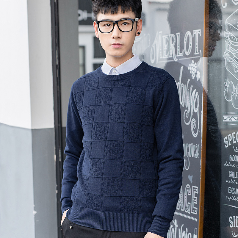 Ανδρικός λεπτός πλεκτός πουλόβερ με στρογγυλή λαιμόκοψη, ζακάρντ καρώ μοτίβο, στενή εφαρμογή, μακριά μανίκια (Βασικά: Βαμβάκι, Ζακάρντ, Καρώ, Slim-Fit, Στρογγυλή λαιμόκοψη)