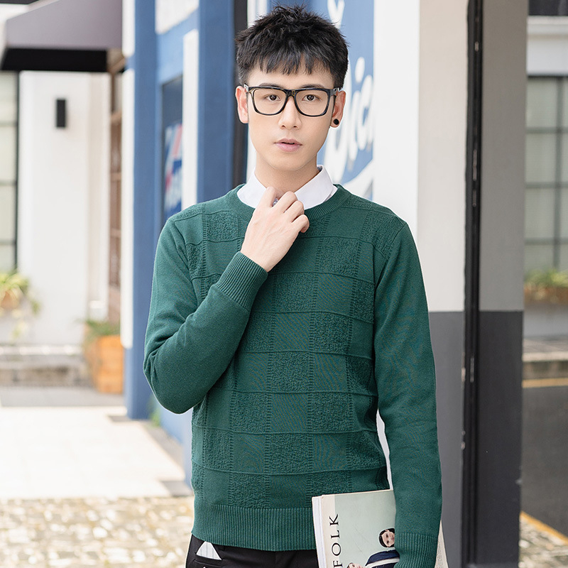 Ανδρικός λεπτός πλεκτός πουλόβερ με στρογγυλή λαιμόκοψη, ζακάρντ καρώ μοτίβο, στενή εφαρμογή, μακριά μανίκια (Βασικά: Βαμβάκι, Ζακάρντ, Καρώ, Slim-Fit, Στρογγυλή λαιμόκοψη)