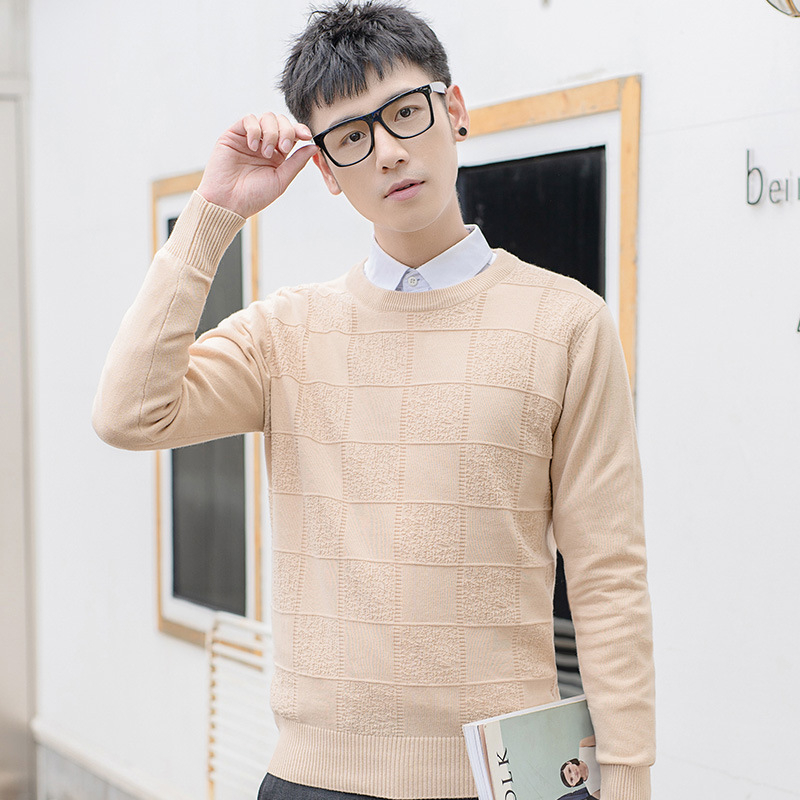 Ανδρικός λεπτός πλεκτός πουλόβερ με στρογγυλή λαιμόκοψη, ζακάρντ καρώ μοτίβο, στενή εφαρμογή, μακριά μανίκια (Βασικά: Βαμβάκι, Ζακάρντ, Καρώ, Slim-Fit, Στρογγυλή λαιμόκοψη)