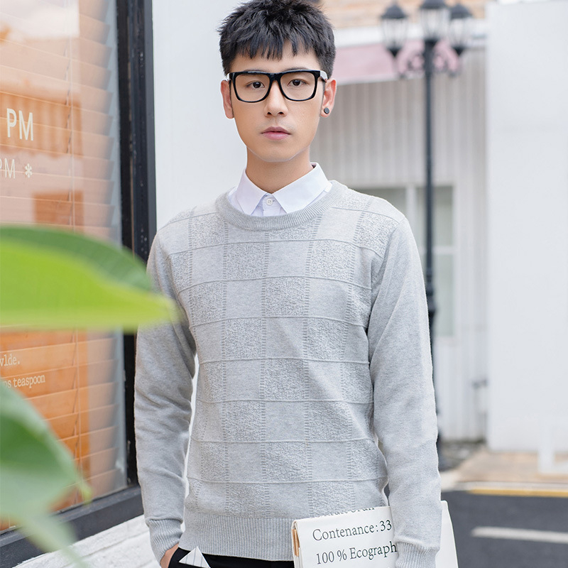 Ανδρικός λεπτός πλεκτός πουλόβερ με στρογγυλή λαιμόκοψη, ζακάρντ καρώ μοτίβο, στενή εφαρμογή, μακριά μανίκια (Βασικά: Βαμβάκι, Ζακάρντ, Καρώ, Slim-Fit, Στρογγυλή λαιμόκοψη)