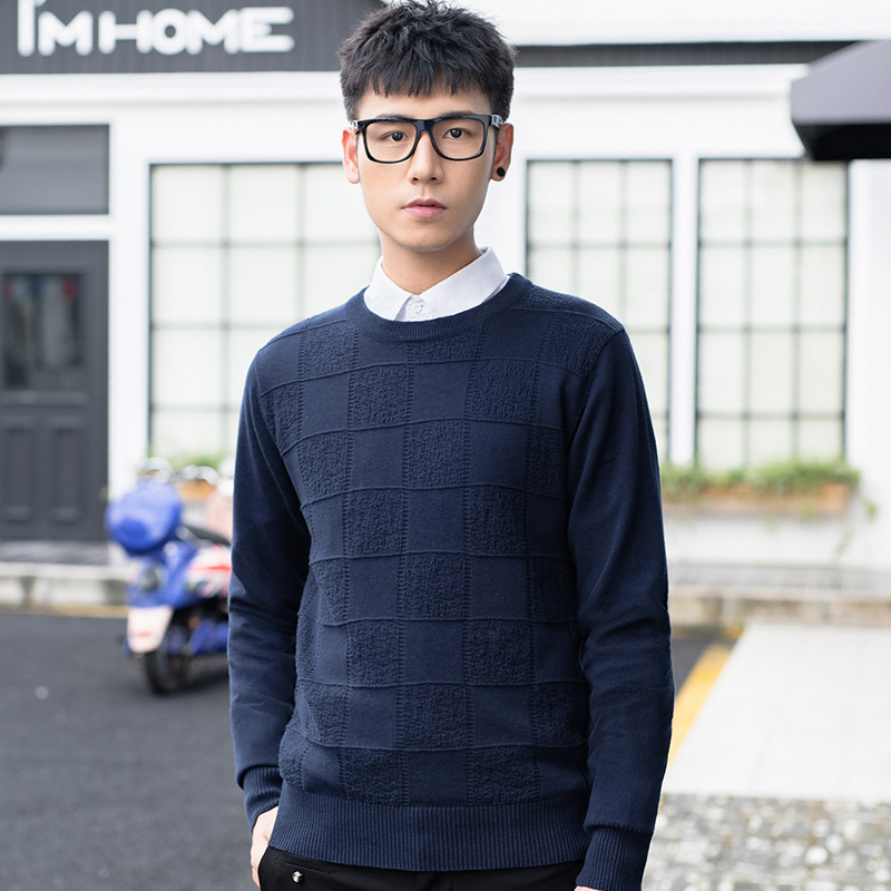 Ανδρικός λεπτός πλεκτός πουλόβερ με στρογγυλή λαιμόκοψη, ζακάρντ καρώ μοτίβο, στενή εφαρμογή, μακριά μανίκια (Βασικά: Βαμβάκι, Ζακάρντ, Καρώ, Slim-Fit, Στρογγυλή λαιμόκοψη)