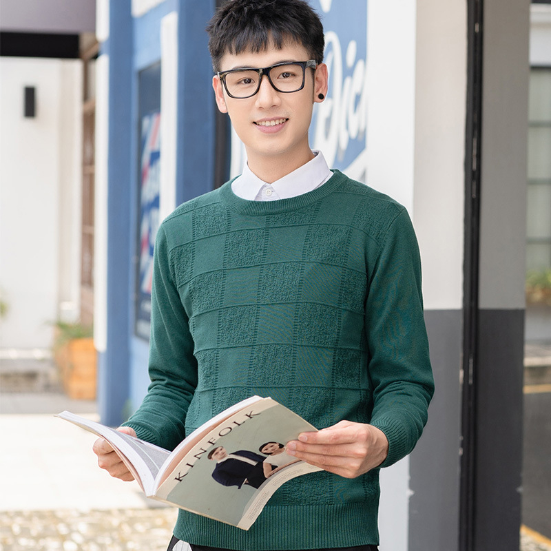 Ανδρικός λεπτός πλεκτός πουλόβερ με στρογγυλή λαιμόκοψη, ζακάρντ καρώ μοτίβο, στενή εφαρμογή, μακριά μανίκια (Βασικά: Βαμβάκι, Ζακάρντ, Καρώ, Slim-Fit, Στρογγυλή λαιμόκοψη)