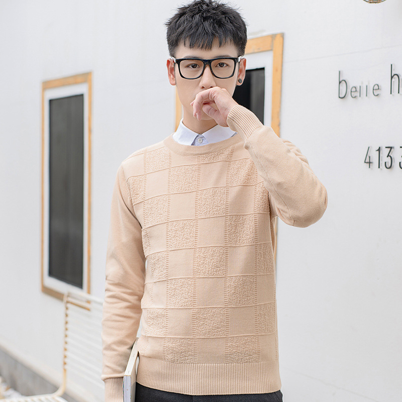 Ανδρικός λεπτός πλεκτός πουλόβερ με στρογγυλή λαιμόκοψη, ζακάρντ καρώ μοτίβο, στενή εφαρμογή, μακριά μανίκια (Βασικά: Βαμβάκι, Ζακάρντ, Καρώ, Slim-Fit, Στρογγυλή λαιμόκοψη)