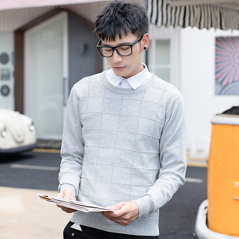 Ανδρικός λεπτός πλεκτός πουλόβερ με στρογγυλή λαιμόκοψη, ζακάρντ καρώ μοτίβο, στενή εφαρμογή, μακριά μανίκια (Βασικά: Βαμβάκι, Ζακάρντ, Καρώ, Slim-Fit, Στρογγυλή λαιμόκοψη)