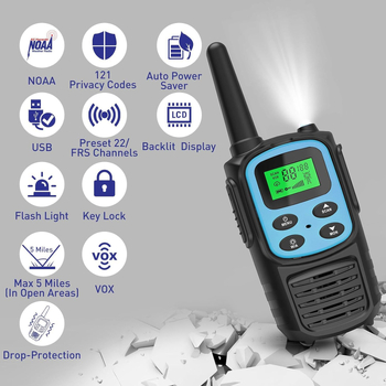 Gyerek Walkie-Talkie: Teljes készülék, 400–470 MHz, 0,5 W, 5–10 km hatótáv, 4,5 V