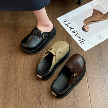 Ženske papuče s debelom potplatom i okruglim vrhom, retro stil, slip-on, PU gornji dio, gumena potplata