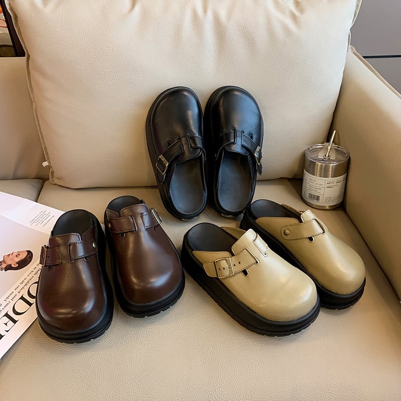 Ženske papuče s debelom potplatom i okruglim vrhom, retro stil, slip-on, PU gornji dio, gumena potplata