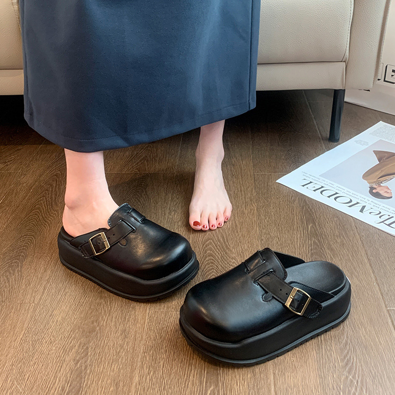 Ženske papuče s debelom potplatom i okruglim vrhom, retro stil, slip-on, PU gornji dio, gumena potplata