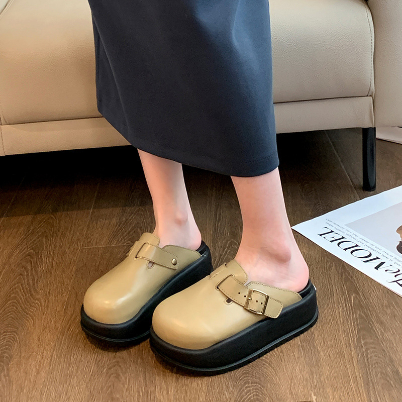 Ženske papuče s debelom potplatom i okruglim vrhom, retro stil, slip-on, PU gornji dio, gumena potplata
