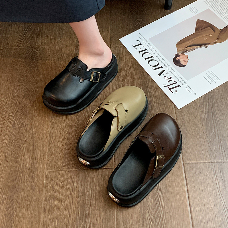 Ženske papuče s debelom potplatom i okruglim vrhom, retro stil, slip-on, PU gornji dio, gumena potplata