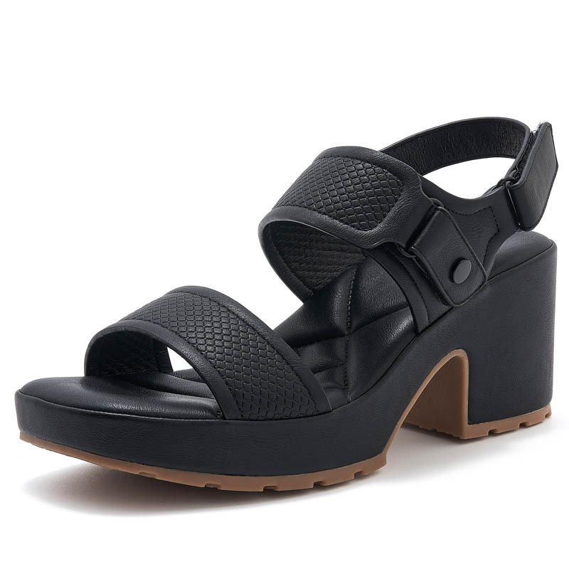 Skoto sandale s širokim remenima – PU gornji dio, TPR đon, Velcro zatvarač, 6–8 cm debeli štikla, zaobljeni vrh