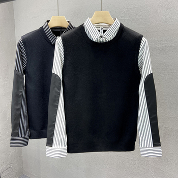 Πλεκτός πουλόβερ με γούνα κουνελιού, σχέδιο color-block, στενή γραμμή, γιακά τύπου πουκάμισου