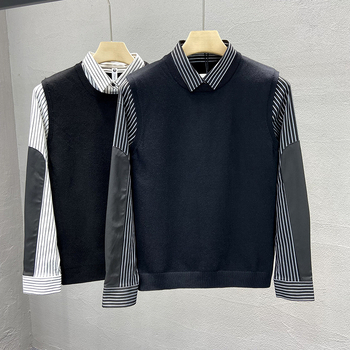 Πλεκτός πουλόβερ με γούνα κουνελιού, σχέδιο color-block, στενή γραμμή, γιακά τύπου πουκάμισου