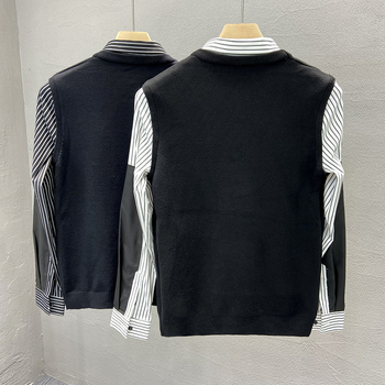 Πλεκτός πουλόβερ με γούνα κουνελιού, σχέδιο color-block, στενή γραμμή, γιακά τύπου πουκάμισου