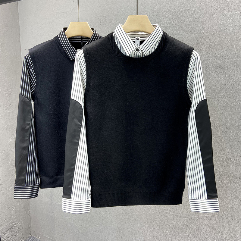 Πλεκτός πουλόβερ με γούνα κουνελιού, σχέδιο color-block, στενή γραμμή, γιακά τύπου πουκάμισου