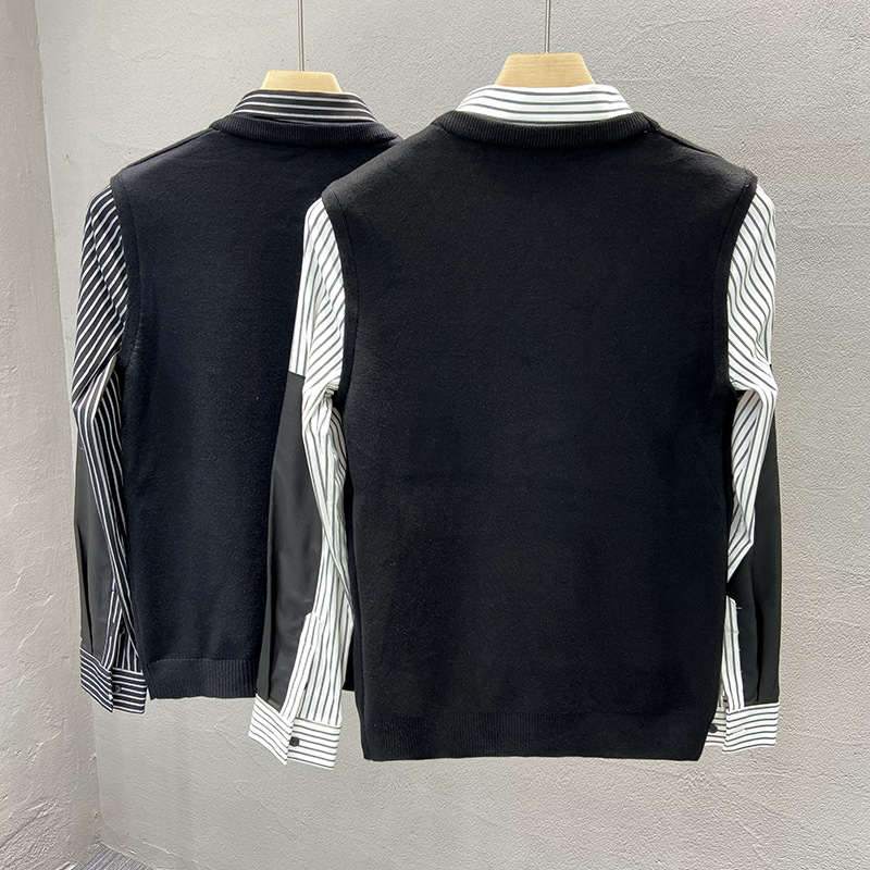 Πλεκτός πουλόβερ με γούνα κουνελιού, σχέδιο color-block, στενή γραμμή, γιακά τύπου πουκάμισου