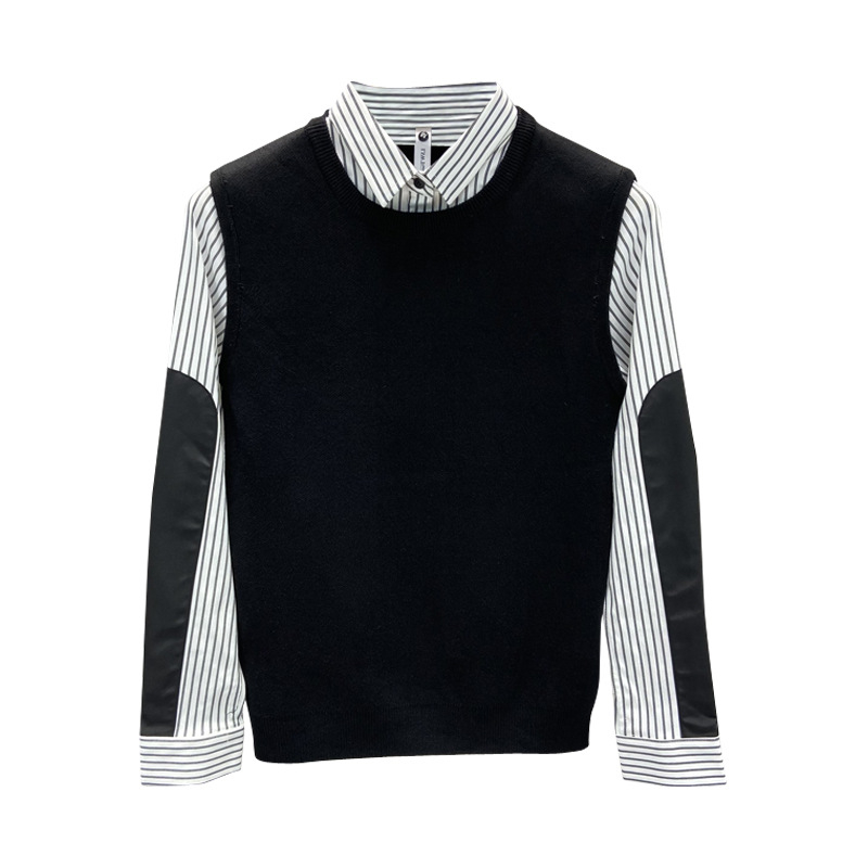 Πλεκτός πουλόβερ με γούνα κουνελιού, σχέδιο color-block, στενή γραμμή, γιακά τύπου πουκάμισου