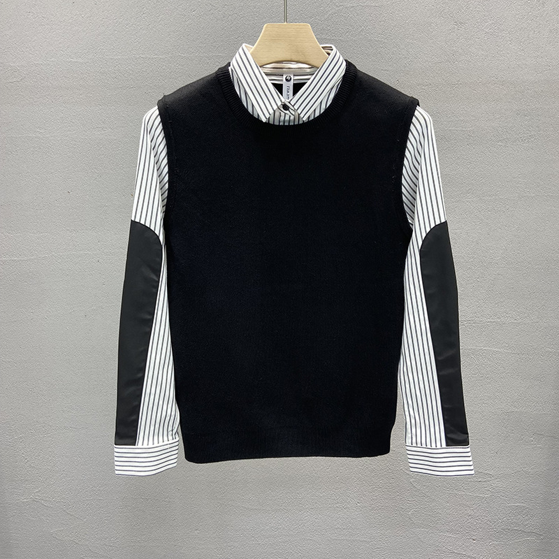 Πλεκτός πουλόβερ με γούνα κουνελιού, σχέδιο color-block, στενή γραμμή, γιακά τύπου πουκάμισου