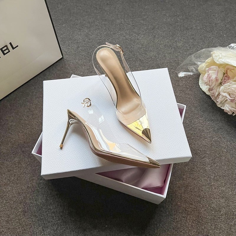 Elva ženske sandale s oštrim vrhom, tanke štikle 6–8 cm, plastična potplat