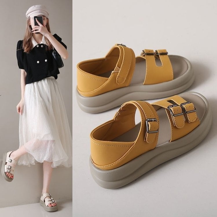 Sandale romane cu partea superioară PU, talpă din cauciuc, vârf rotund, stil roman, grosime talpă 3,5 cm