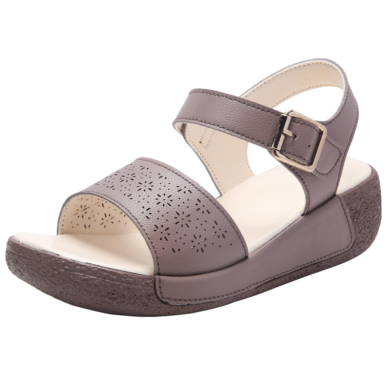 Sandale dama din piele naturală, toc platformă din două straturi de piele, vârf rotund, închidere cu cataramă, vară 2023