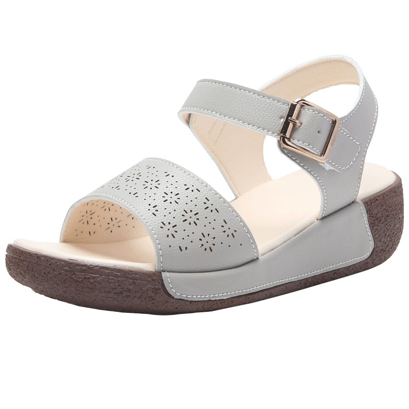 Sandale dama din piele naturală, toc platformă din două straturi de piele, vârf rotund, închidere cu cataramă, vară 2023