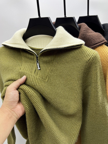 Ανδρικό πλεκτό πουλόβερ με φερμουάρ - χαλαρή γραμμή, γιακά πουκάμισου, μακριά μανίκια (Μίγμα χημικών ινών; Κύριο ύφασμα: νάιλον; Περιεχόμενο: ακρυλικό; Στυλ: πουλόβερ, μετακίνηση; Σεζόν: Χειμώνας 2025)