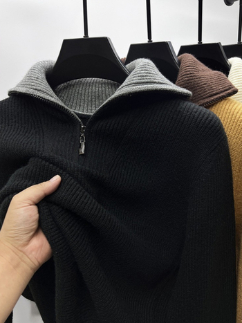 Ανδρικό πλεκτό πουλόβερ με φερμουάρ - χαλαρή γραμμή, γιακά πουκάμισου, μακριά μανίκια (Μίγμα χημικών ινών; Κύριο ύφασμα: νάιλον; Περιεχόμενο: ακρυλικό; Στυλ: πουλόβερ, μετακίνηση; Σεζόν: Χειμώνας 2025)