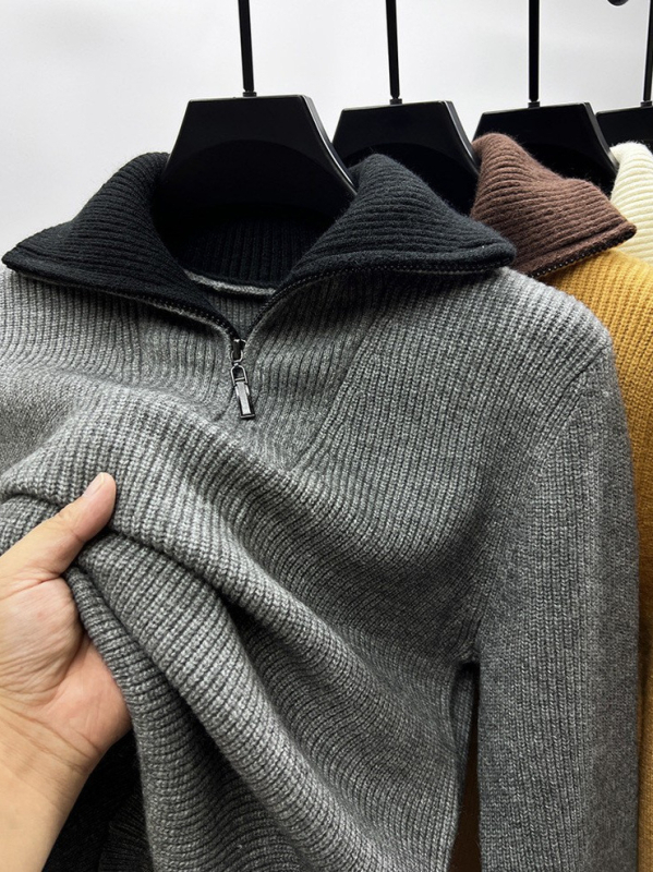 Ανδρικό πλεκτό πουλόβερ με φερμουάρ - χαλαρή γραμμή, γιακά πουκάμισου, μακριά μανίκια (Μίγμα χημικών ινών; Κύριο ύφασμα: νάιλον; Περιεχόμενο: ακρυλικό; Στυλ: πουλόβερ, μετακίνηση; Σεζόν: Χειμώνας 2025)