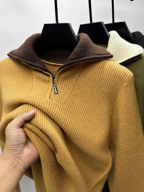 Ανδρικό πλεκτό πουλόβερ με φερμουάρ - χαλαρή γραμμή, γιακά πουκάμισου, μακριά μανίκια (Μίγμα χημικών ινών; Κύριο ύφασμα: νάιλον; Περιεχόμενο: ακρυλικό; Στυλ: πουλόβερ, μετακίνηση; Σεζόν: Χειμώνας 2025)