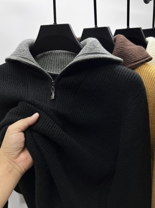 Ανδρικό πλεκτό πουλόβερ με φερμουάρ - χαλαρή γραμμή, γιακά πουκάμισου, μακριά μανίκια (Μίγμα χημικών ινών; Κύριο ύφασμα: νάιλον; Περιεχόμενο: ακρυλικό; Στυλ: πουλόβερ, μετακίνηση; Σεζόν: Χειμώνας 2025)